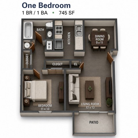 Floor plan for 1 bed, 1 bath, 745 sqft